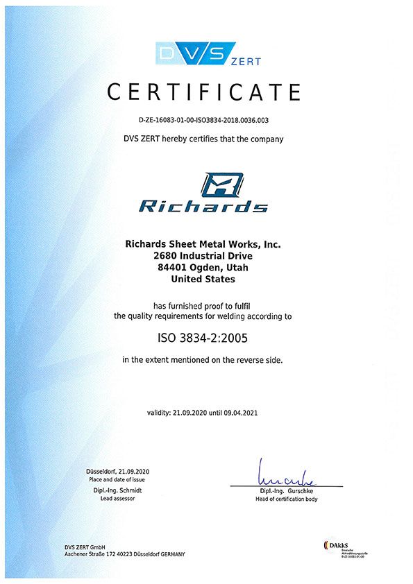 Richards Sheet Metal Certificate